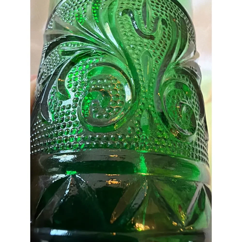 Vintage Emerald Green Pressed Glass Tumbler Floral Scroll Pattern Drinking Glass